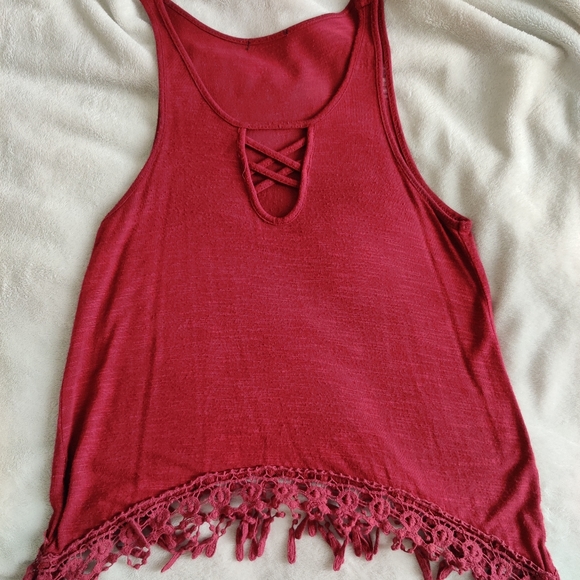Burgundy Wine Fringe Bohemian Gypsy Festival Cross Cross Tank Top Corset - Picture 4 of 9